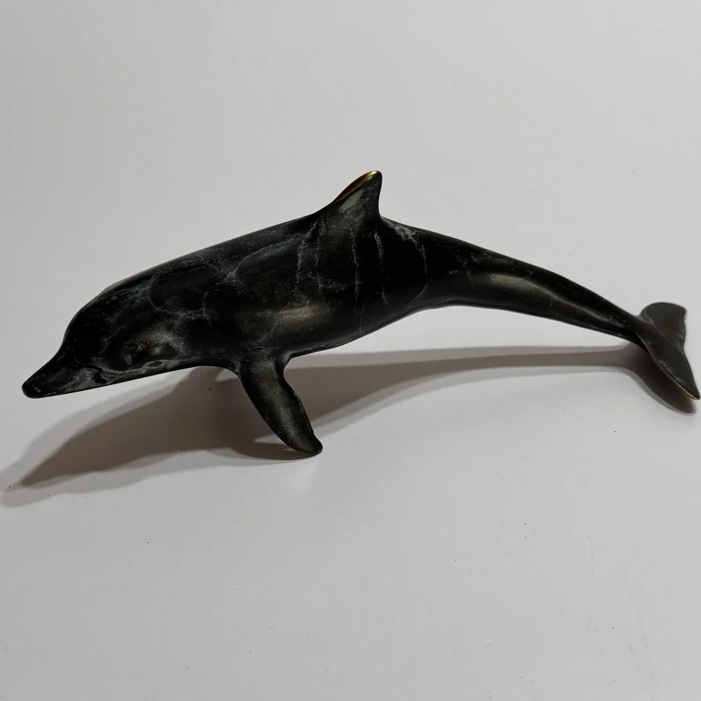 SPI San Pacific Int'l Brass Luck Of The Sea Dolphin Swimming Statue Figure Black